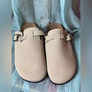 Beige Suede Buckle Clogs